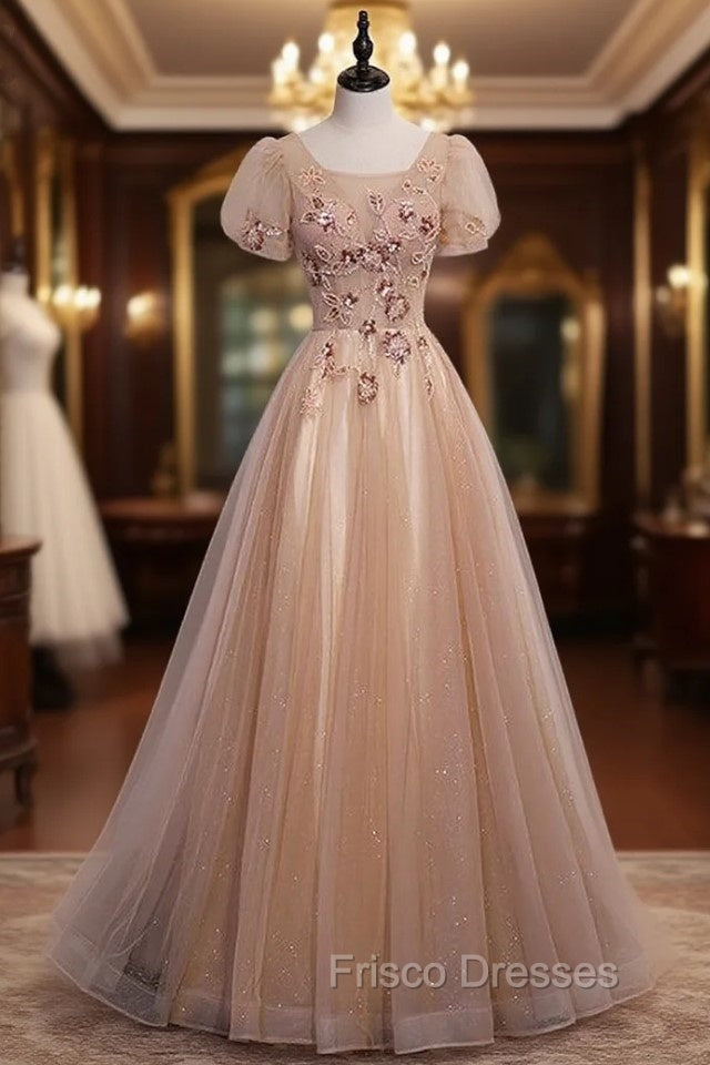 Champagne Tulle Sequins Short Sleeve Beading Sequins Formal Prom Dress Main image