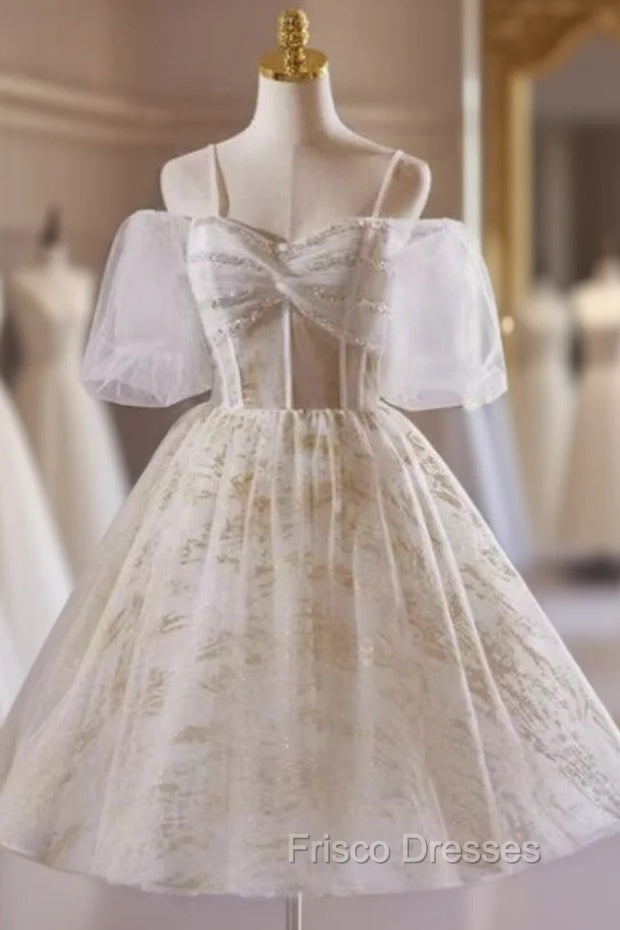 Champagne Tulle Sequins Spaghetti Straps Homecoming Dress