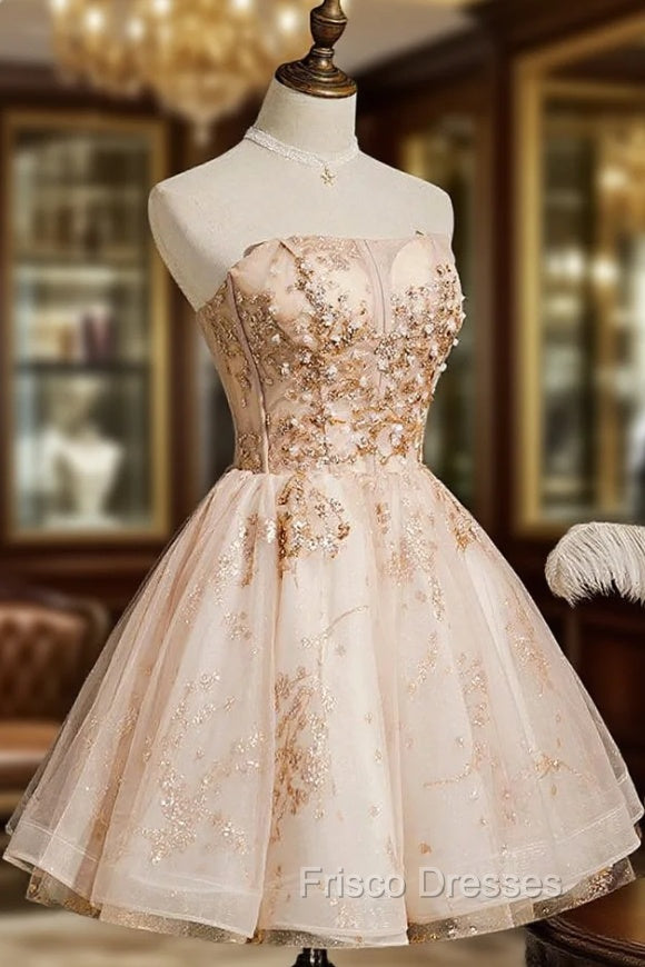 Champagne Tulle Sequins Strapless Homecoming Dress
