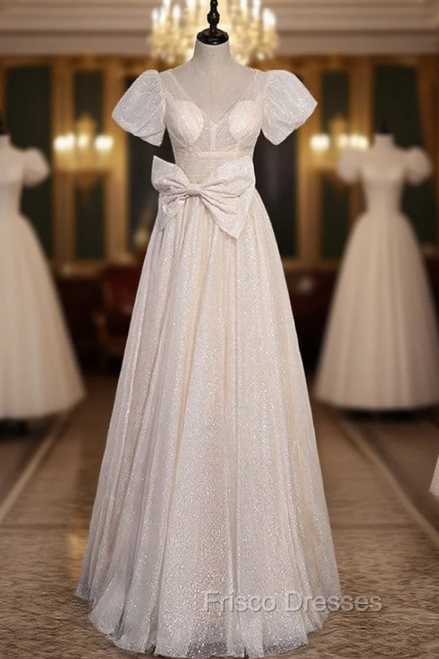 Champagne Tulle Sequins V-neck Bow Formal Prom Dress Main image