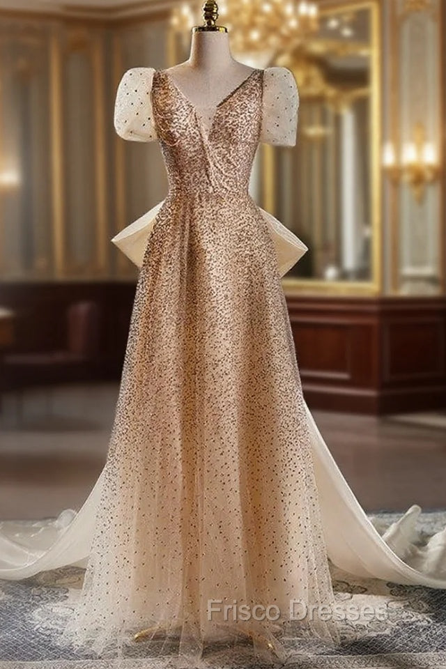 Champagne Tulle Sequins V-neck Short Sleeve Formal Prom Dress Main image