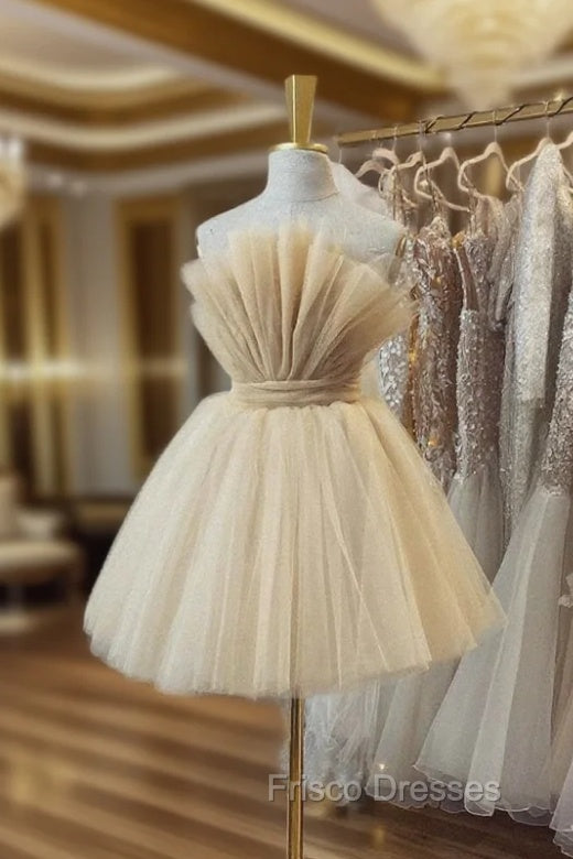 Champagne Tulle Short A-Line Formal Prom Dress, Lovely Strapless Party Dress Main image