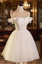 Champagne Tulle Short A-Line Formal Prom Dress, Off the Shoulder Evening Party Dress