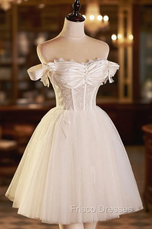 Champagne Tulle Short A-Line Formal Prom Dress, Off the Shoulder Evening Party Dress