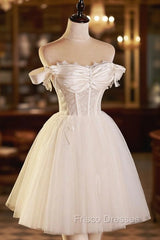 Champagne Tulle Short A-Line Formal Prom Dress, Off the Shoulder Evening Party Dress