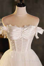 Champagne Tulle Short A-Line Formal Prom Dress, Off the Shoulder Evening Party Dress