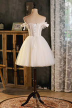 Champagne Tulle Short A-Line Formal Prom Dress, Off the Shoulder Evening Party Dress