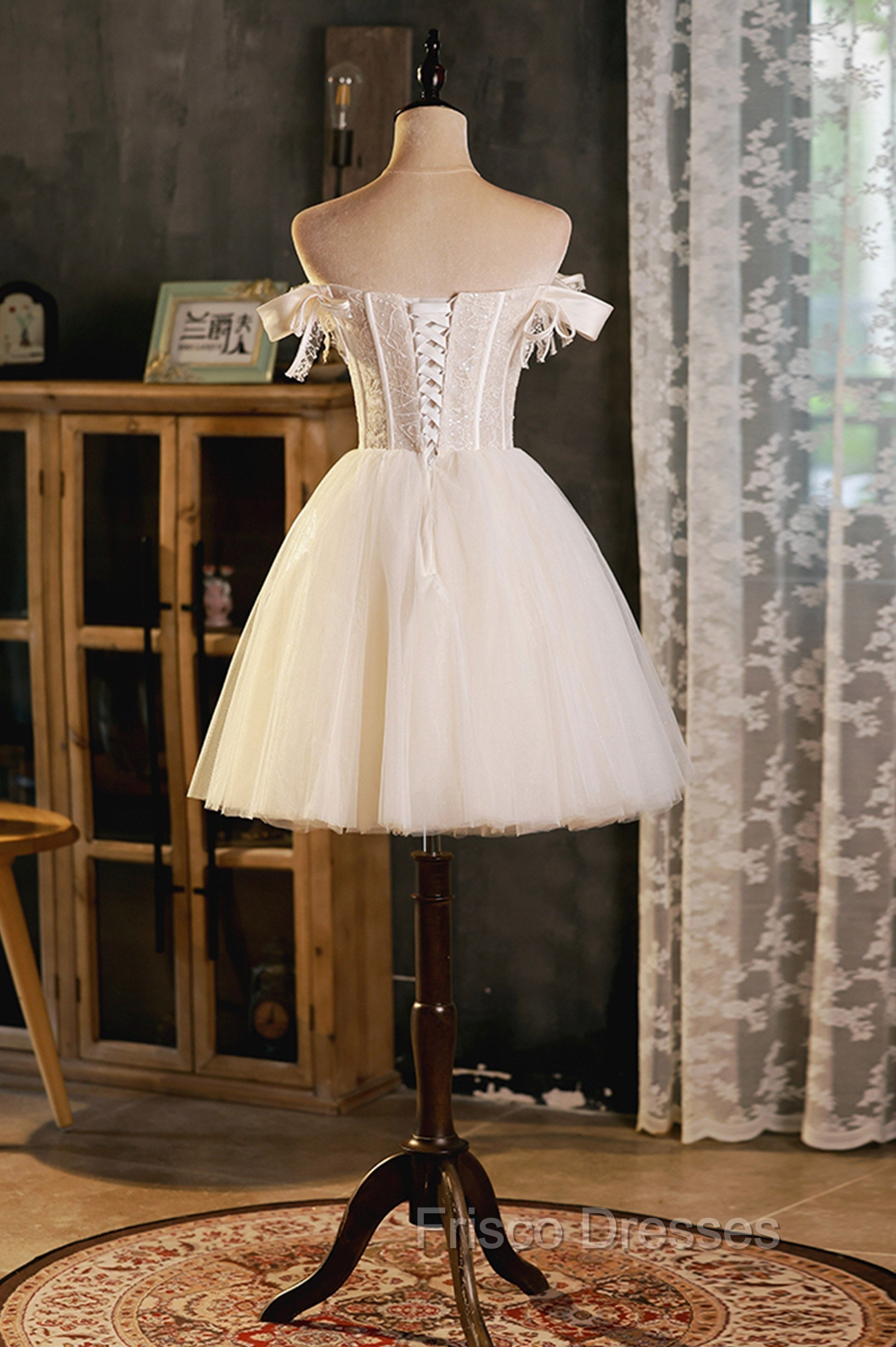 Champagne Tulle Short A-Line Formal Prom Dress, Off the Shoulder Evening Party Dress