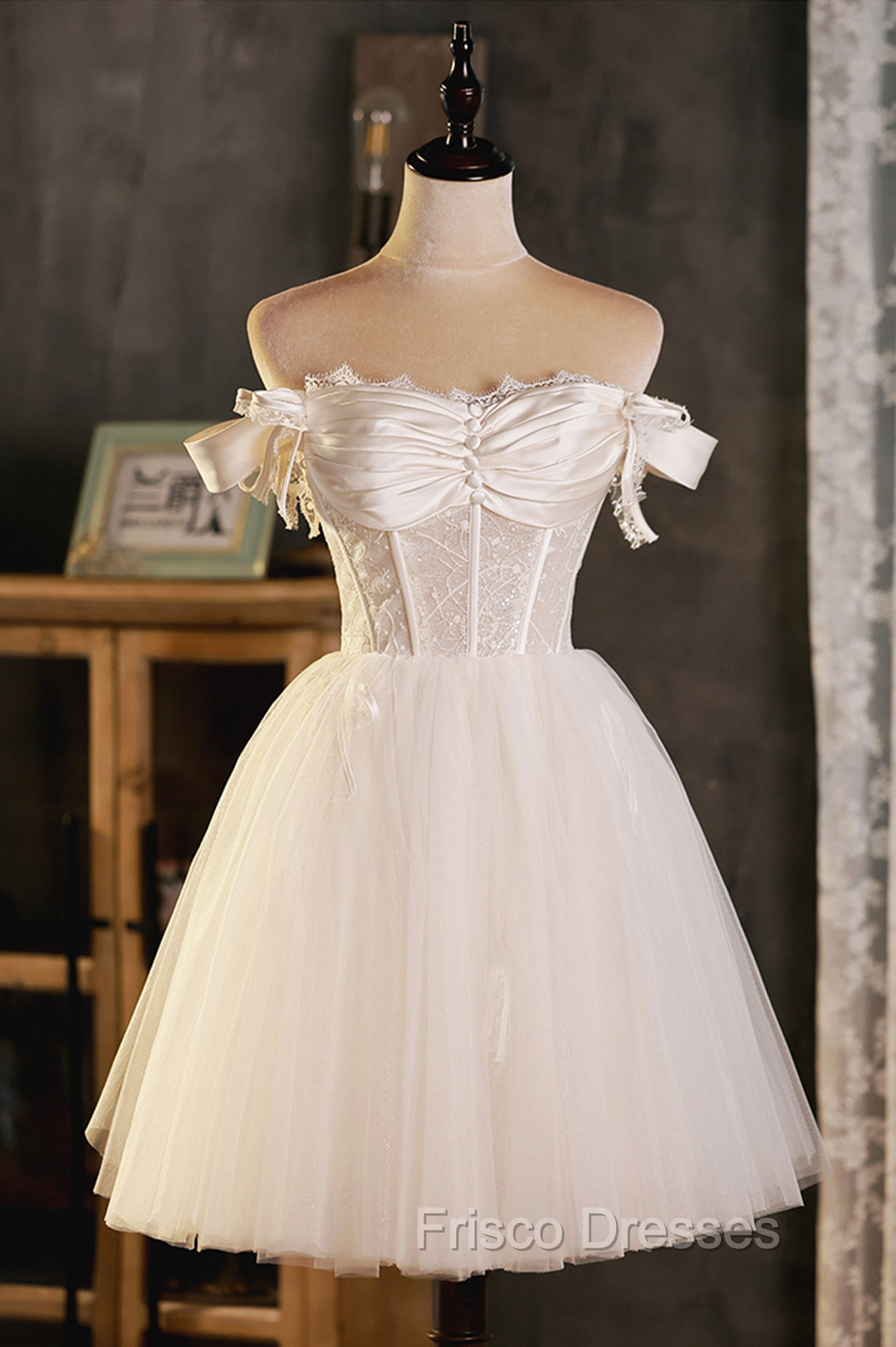 Champagne Tulle Short A-Line Formal Prom Dress, Off the Shoulder Evening Party Dress Main image