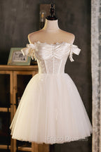 Champagne Tulle Short A-Line Formal Prom Dress, Off the Shoulder Evening Party Dress