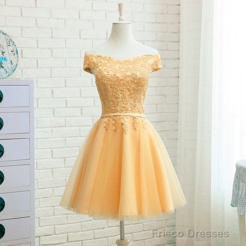 Champagne Tulle Short Lace Applique Bridesmaid Dress, Short Prom Dress Homecoming Dress Secondary image