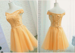 Champagne Tulle Short Lace Applique Bridesmaid Dress, Short Prom Dress Homecoming Dress