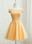 Champagne Tulle Short Lace Applique Bridesmaid Dress, Short Prom Dress Homecoming Dress