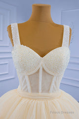 Champagne Tulle Short Prom Dress with Beaded, A-Line Tea Length Party Dress
