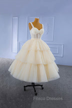 Champagne Tulle Short Formal Prom Dress with Beaded, A-Line Tea Length Party Dress