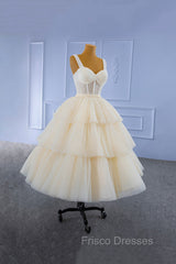 Champagne Tulle Short Formal Prom Dress with Beaded, A-Line Tea Length Party Dress