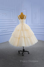 Champagne Tulle Short Formal Prom Dress with Beaded, A-Line Tea Length Party Dress