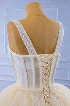 Champagne Tulle Short Formal Prom Dress with Beaded, A-Line Tea Length Party Dress