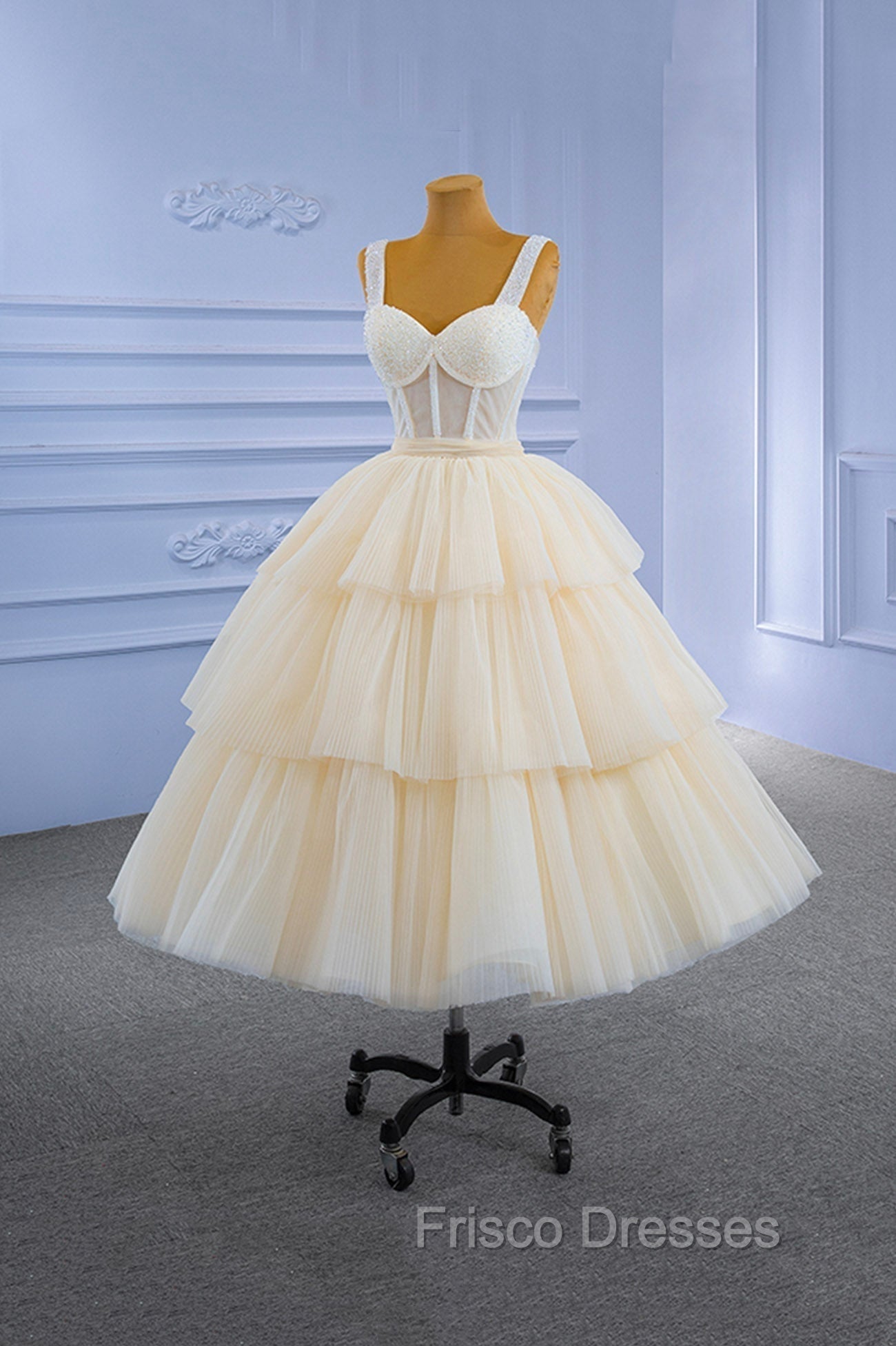 Champagne Tulle Short Formal Prom Dress with Beaded, A-Line Tea Length Party Dress Main image