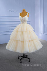 Champagne Tulle Short Formal Prom Dress with Beaded, A-Line Tea Length Party Dress