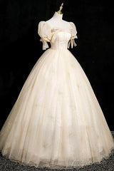 Champagne Tulle Short Sleeve Floor Length Prom Dress, Beautiful A-Line Evening Party Dress