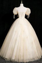 Champagne Tulle Short Sleeve Floor Length Prom Dress, Beautiful A-Line Evening Party Dress