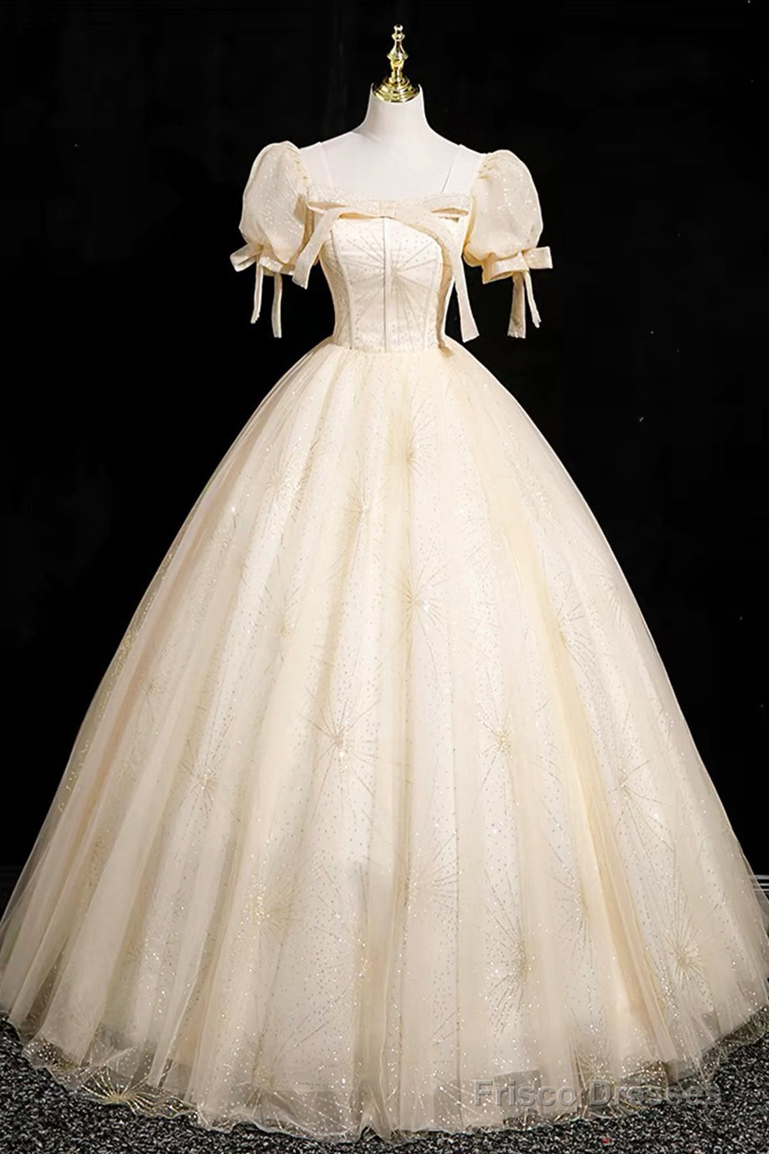 Champagne Tulle Short Sleeve Floor Length Prom Dress, Beautiful A-Line Evening Party Dress Main image