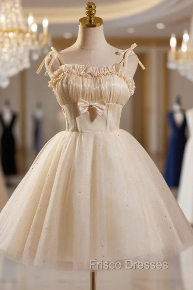 Champagne Tulle Spaghetti Straps Bow Homecoming Dress Main image