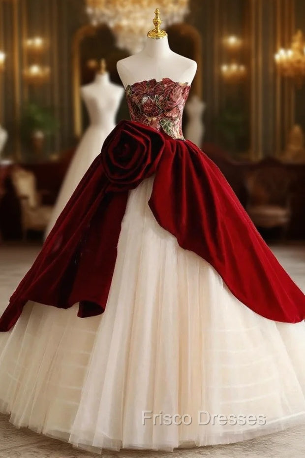 Champagne Tulle Strapless Burgundy Velvet Formal Prom Dress Main image