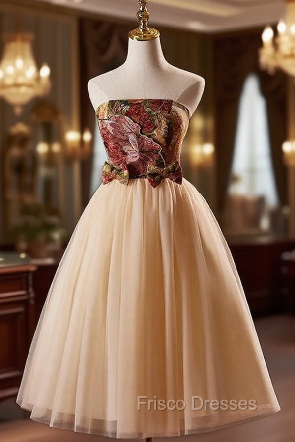Champagne Tulle Strapless Tea Length Homecoming Dress