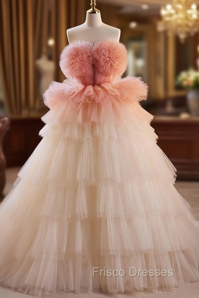 Champagne Tulle Strapless Tiers Formal Prom Dress Main image
