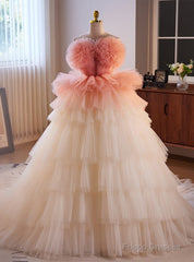 Champagne Tulle Strapless Tiers Prom Dress
