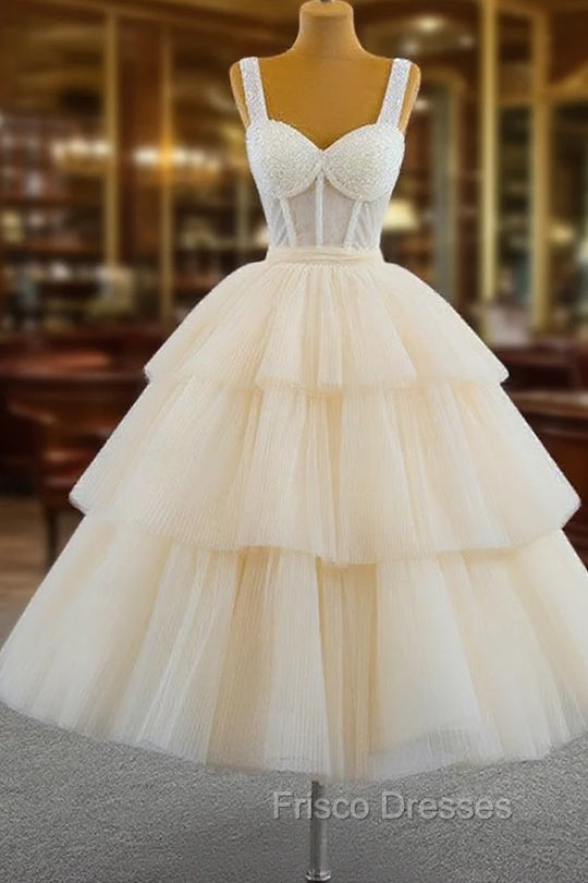 Champagne Tulle Straps Tiers Beading Short Formal Prom Dress Main image