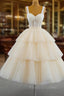 Champagne Tulle Straps Tiers Beading Short Formal Prom Dress