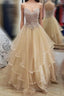 Champagne tulle sweetheart long Formal Prom Dresses, champagne evening Dresses