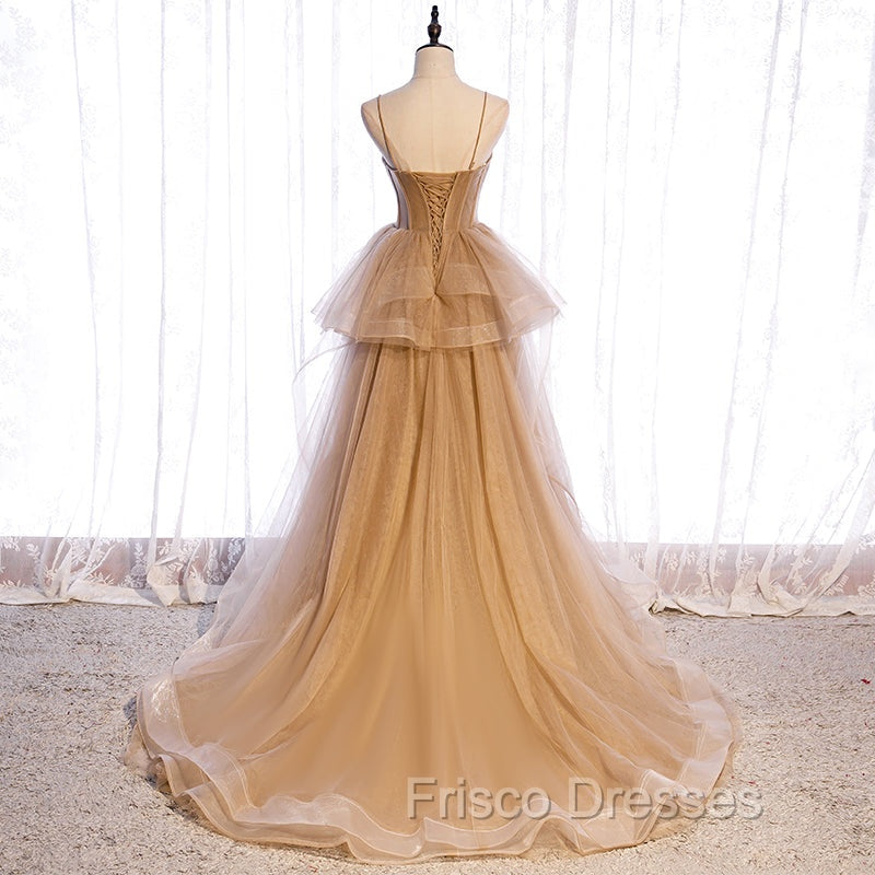 Champagne Tulle Sweetheart Straps Long Ball Gown Formal Prom Dress, Champagne Party Dress
