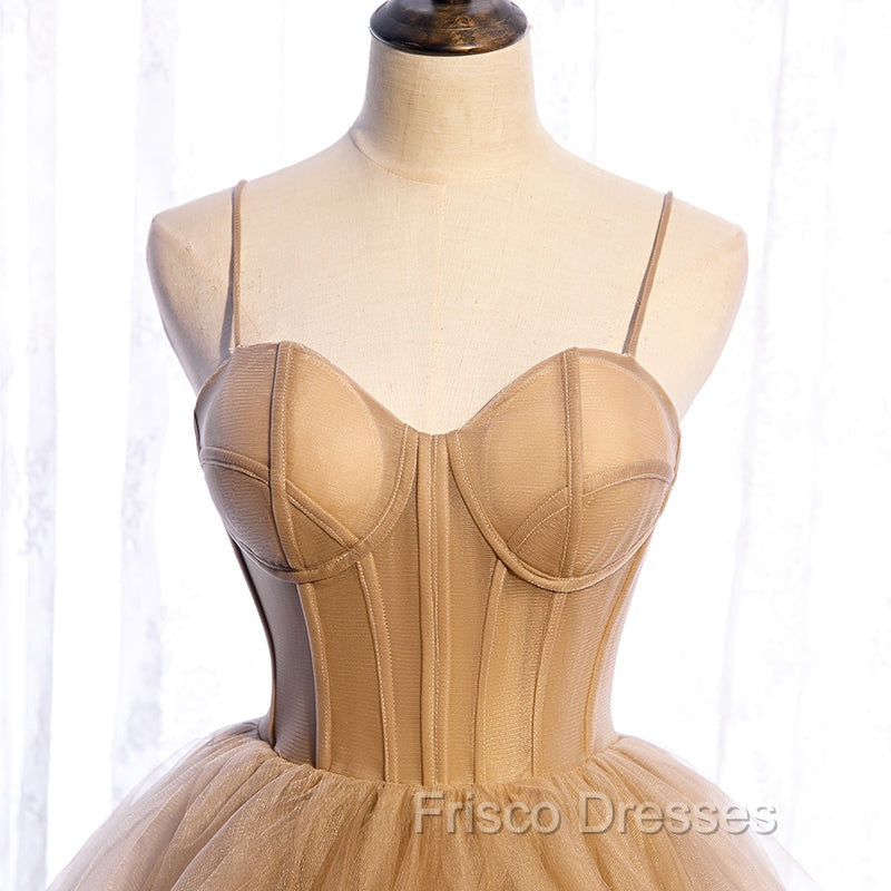 Champagne Tulle Sweetheart Straps Long Ball Gown Formal Prom Dress, Champagne Party Dress