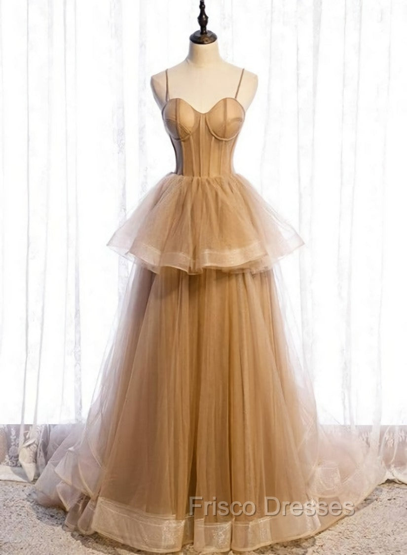 Champagne Tulle Sweetheart Straps Long Ball Gown Formal Prom Dress, Champagne Party Dress Main image