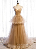 Champagne Tulle Sweetheart Straps Long Ball Gown Formal Prom Dress, Champagne Party Dress