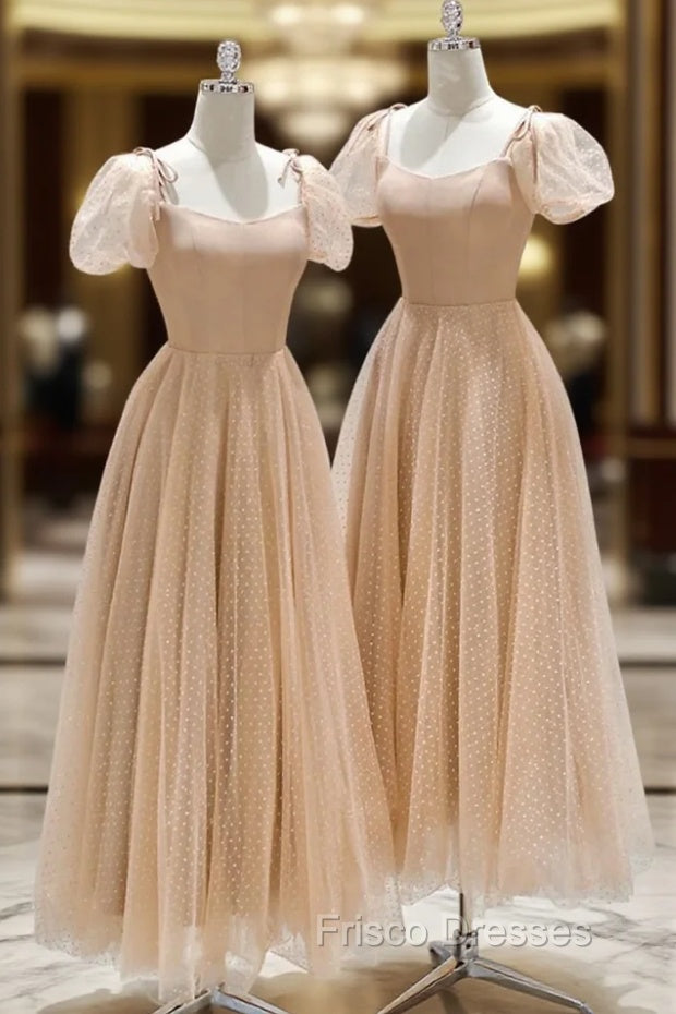 Champagne Tulle Tea Length Formal Prom Dress, Cute Short Sleeve Evening Dress Main image