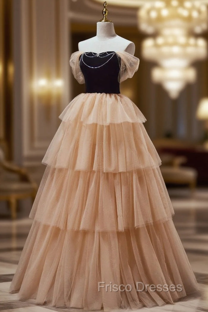 Champagne Tulle Tiers Beading Formal Prom Dress Main image