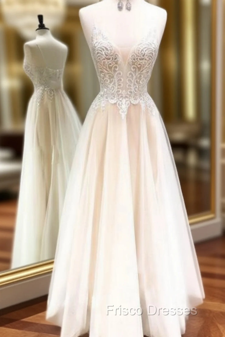 Champagne Tulle V Neck Lace Backless Long Formal Prom Dress Main image