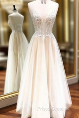 Champagne Tulle V Neck Lace Backless Long Formal Prom Dress