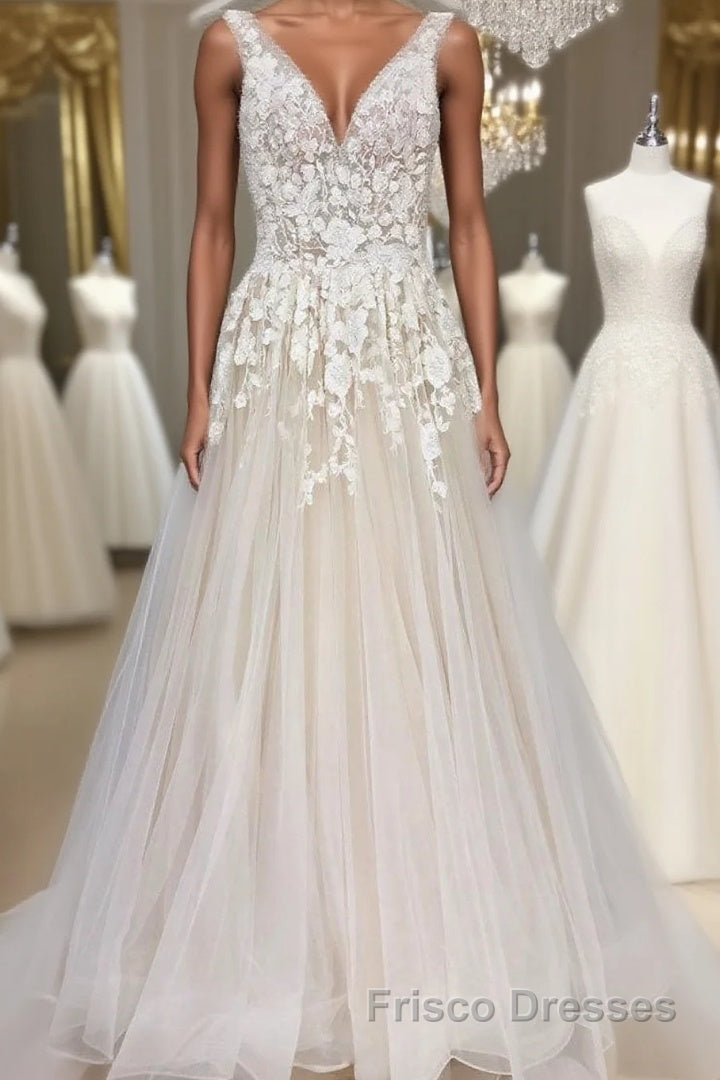 Champagne tulle v neck lace long Formal Prom Dresses champagne formal Dresses Main image