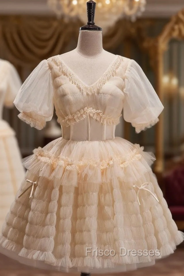 Champagne Tulle V-neck Puff Sleeve Homecoming Dress