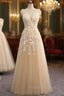 Champagne Tulle V-neck See Through Back Appliques Formal Prom Dress