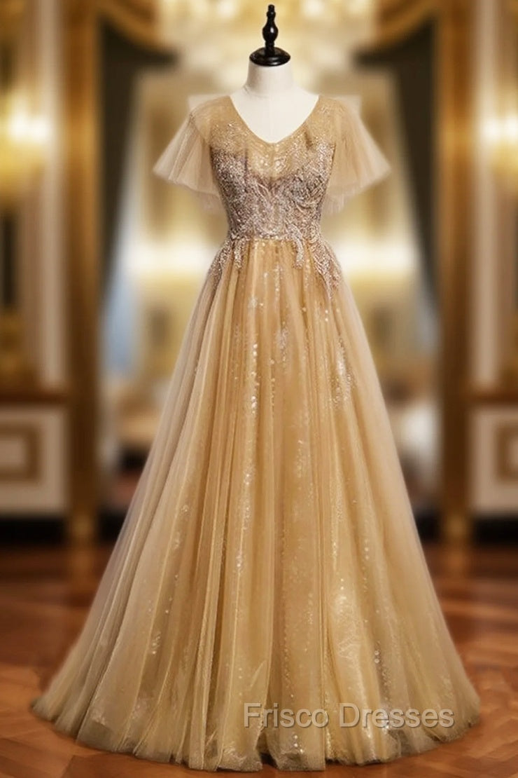 Champagne Tulle V-neck Short Sleeve Beading Formal Prom Dress