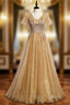 Champagne Tulle V-neck Short Sleeve Beading Formal Prom Dress