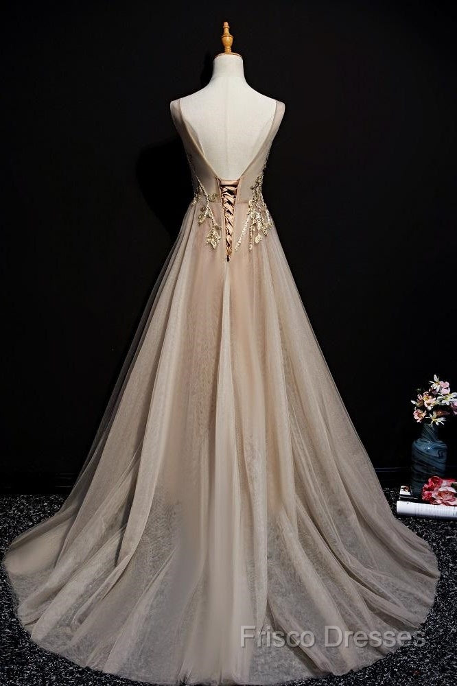 Champagne Tulle V-Neckline Long Lace Formal Prom Dress, A-Line Formal Gown Party Dress Secondary image