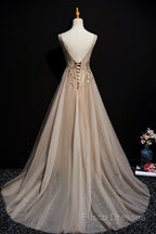 Champagne Tulle V-Neckline Long Lace Formal Prom Dress, A-Line Formal Gown Party Dress